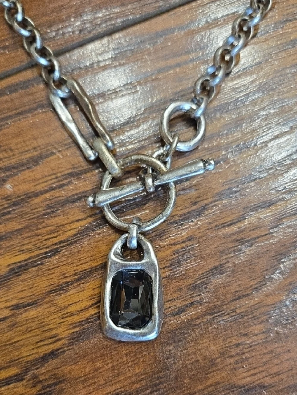 Silver Toggle Chain Necklace with Black Gem Pendant - Picture 2 of 2